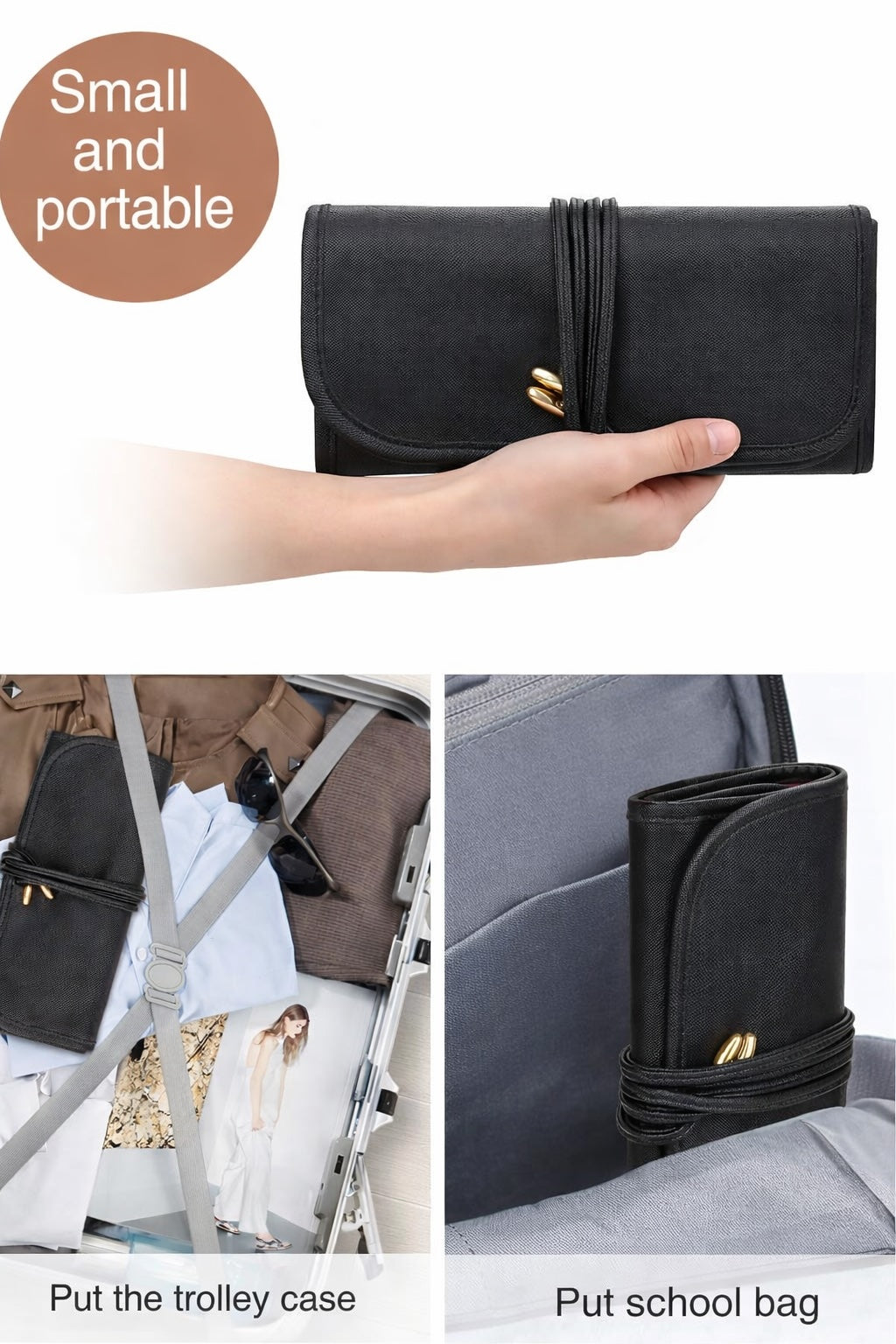 Makeup brush rolling case pouch holder Cosmetic bag organiser Travel portable 18 pockets Cosmetics Brushes Black Leather