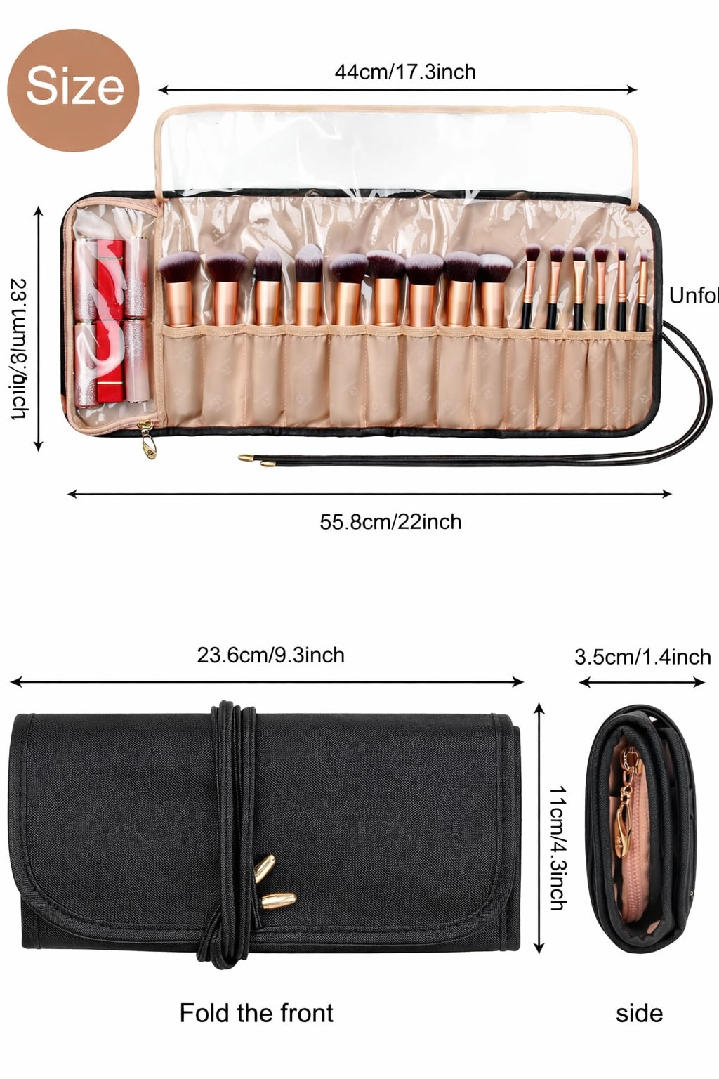Makeup brush rolling case pouch holder Cosmetic bag organiser Travel portable 18 pockets Cosmetics Brushes Black Leather