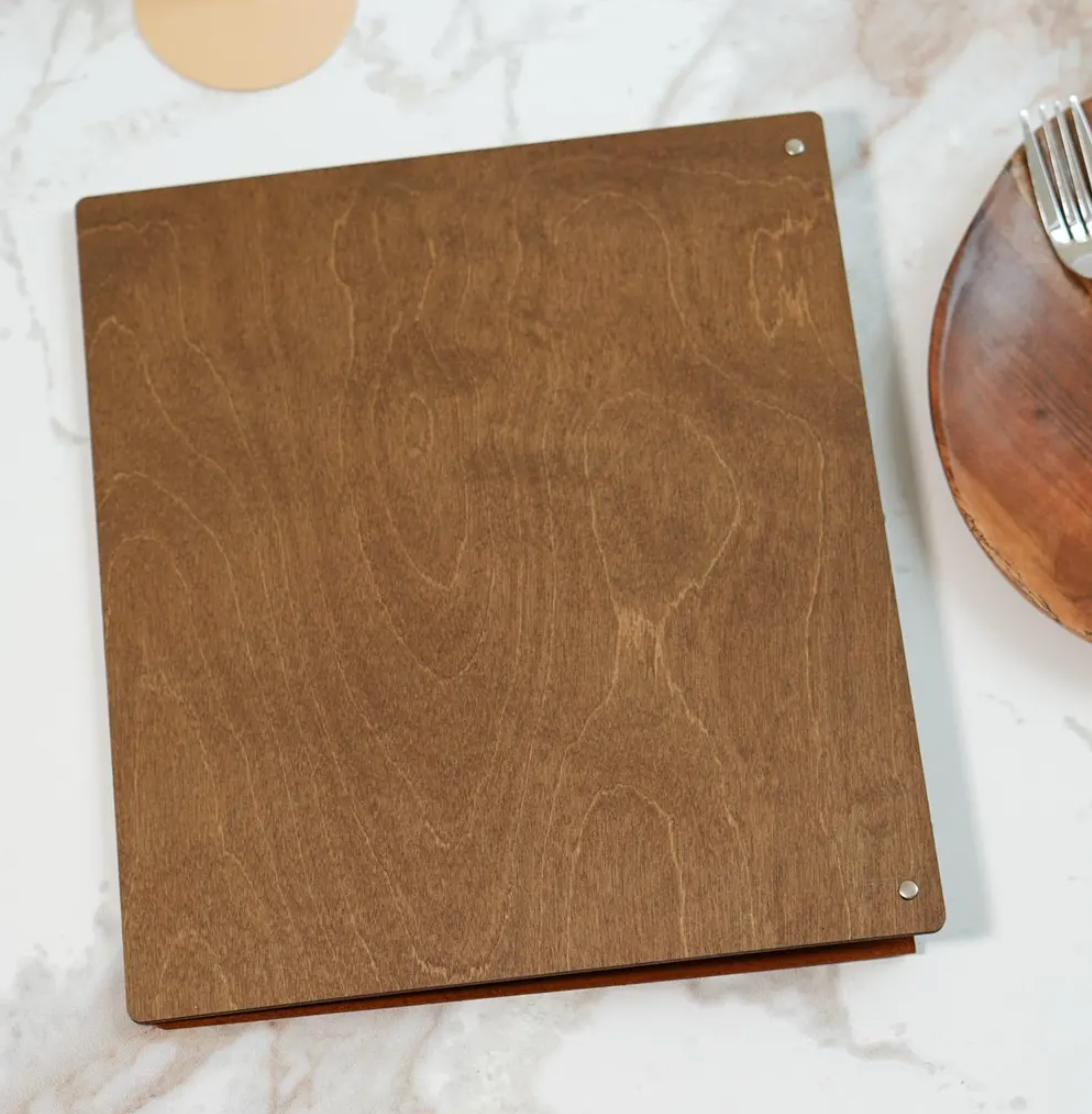 Divris Wooden Menu Cover with Dark Brown PU Leather Flap