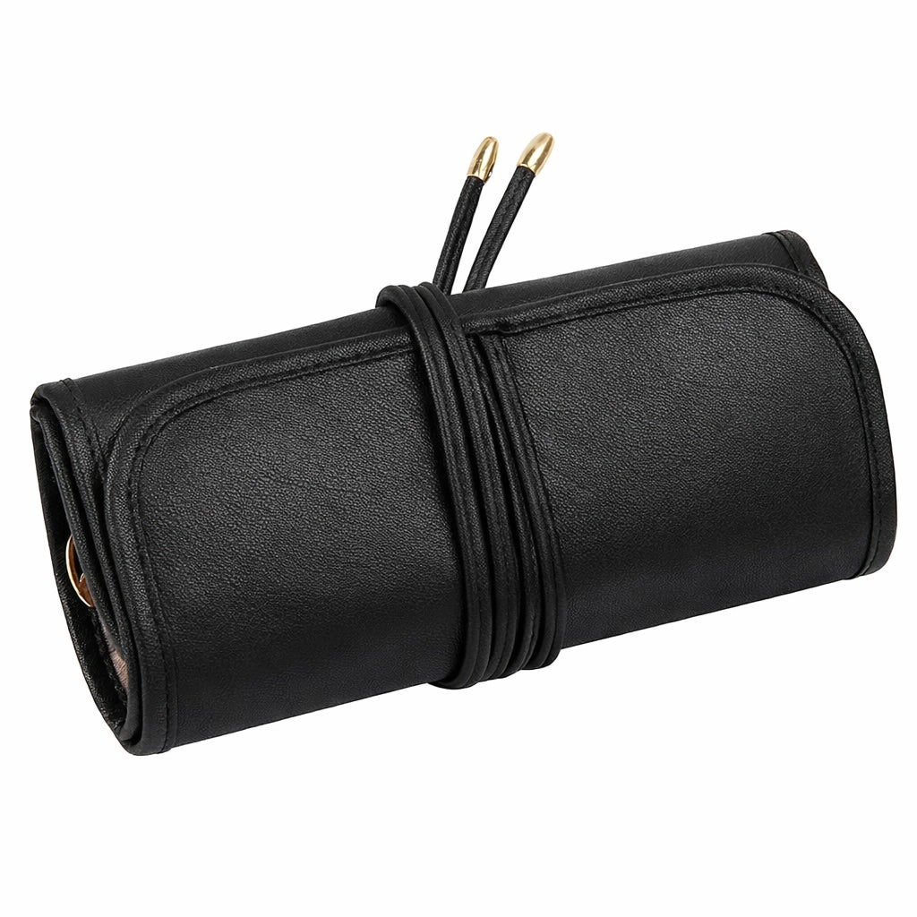 Makeup brush rolling case pouch holder Cosmetic bag organiser Travel portable 18 pockets Cosmetics Brushes Black Leather