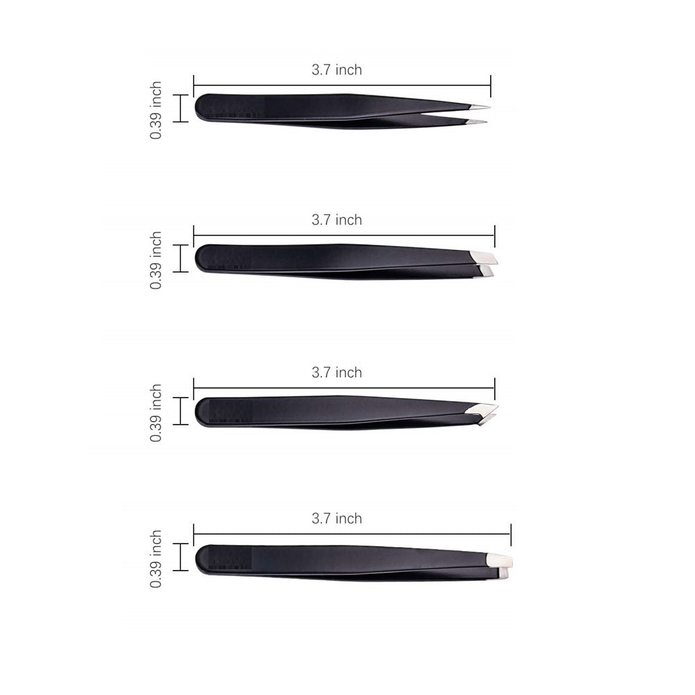 Black Stainless Steel Slant Tip and Pointed Eyebrow Tweezer Set with travel case, 4 Pcs (Pack): 100 Packs