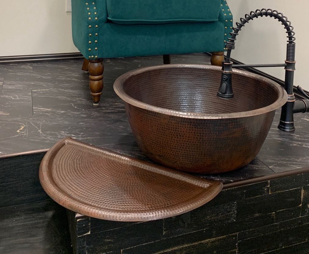 Pure Copper Antique Hammered Pedicure Bowl with Foot Rest, Dia: 16"