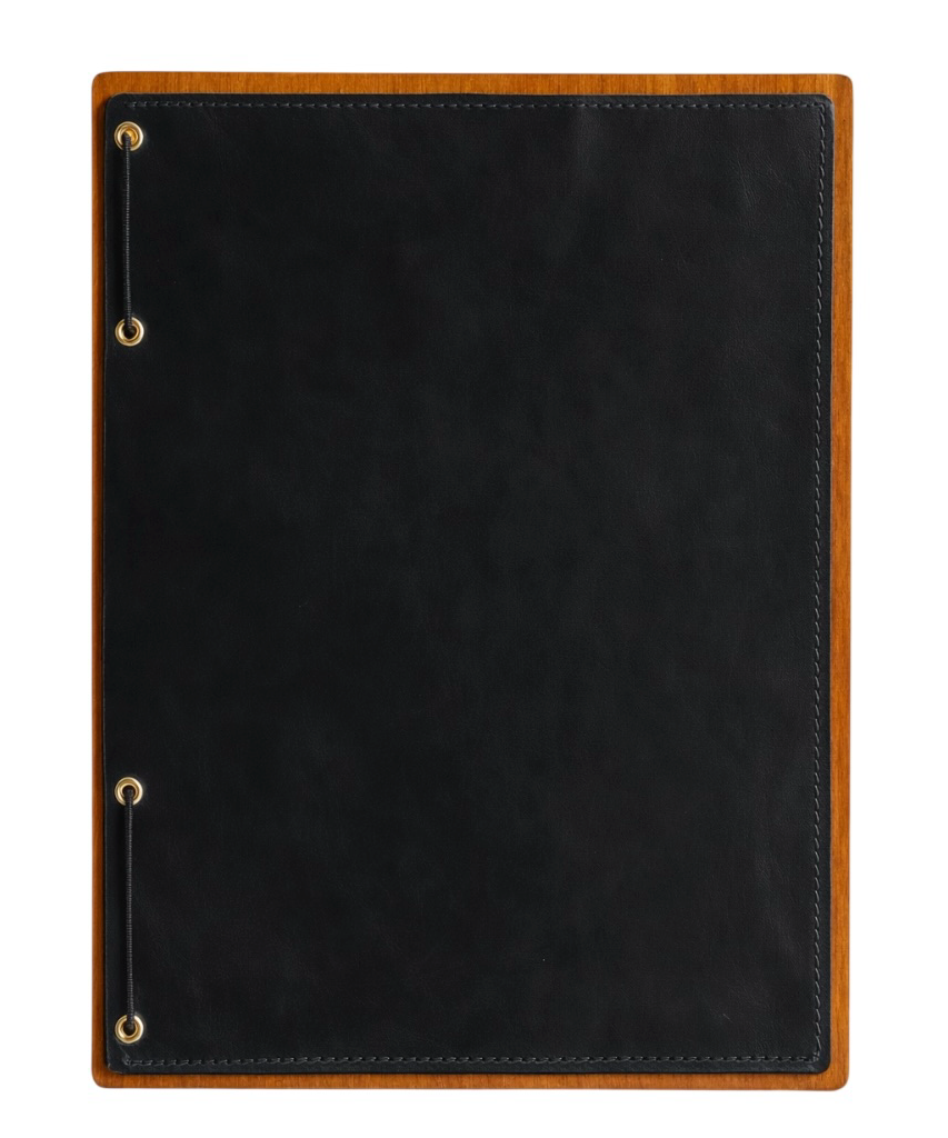 Divris  Wooden Menu Cover with Dark Brown PU Leather Closing