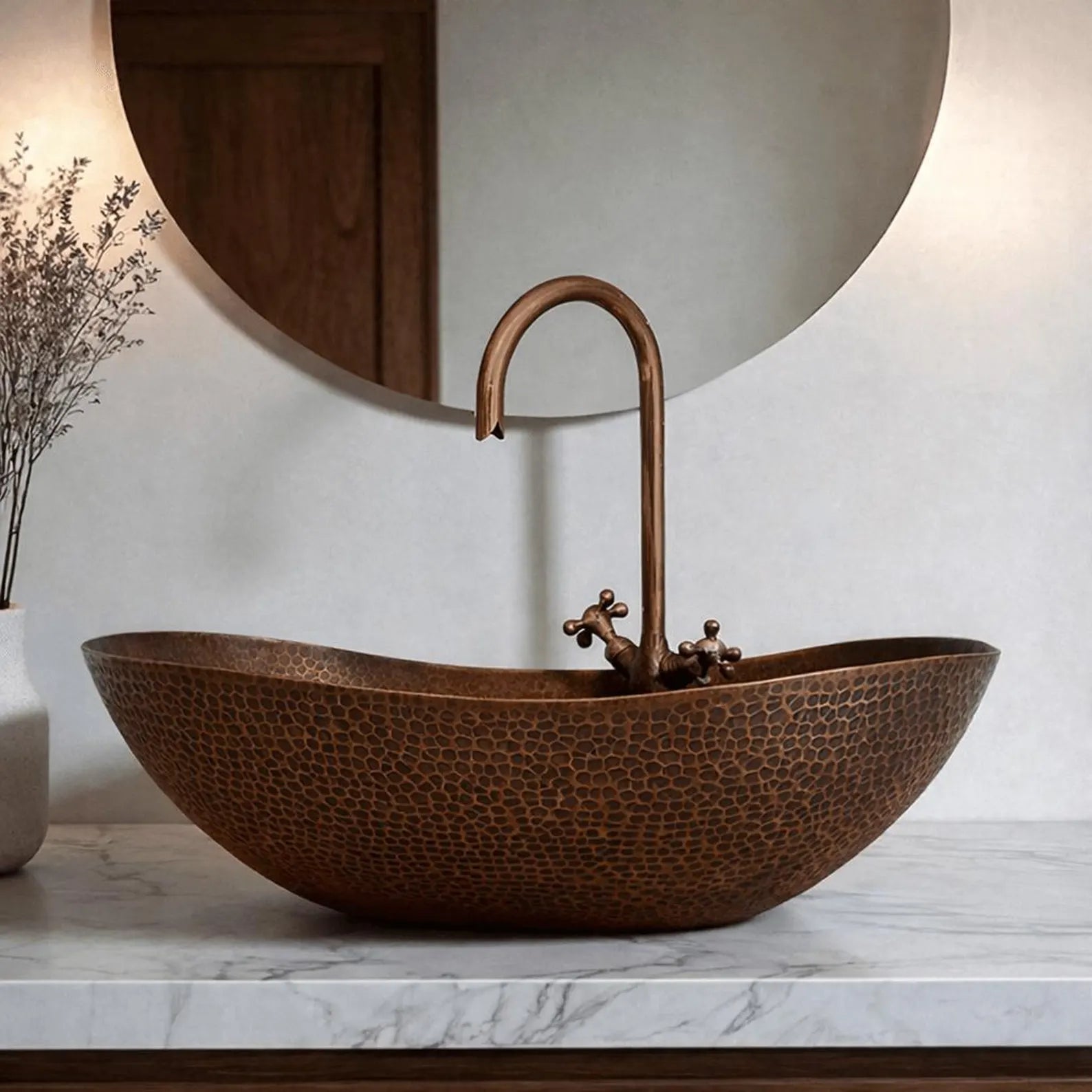 Antique Rustic Oval Copper Basin - 5 Pcs Set