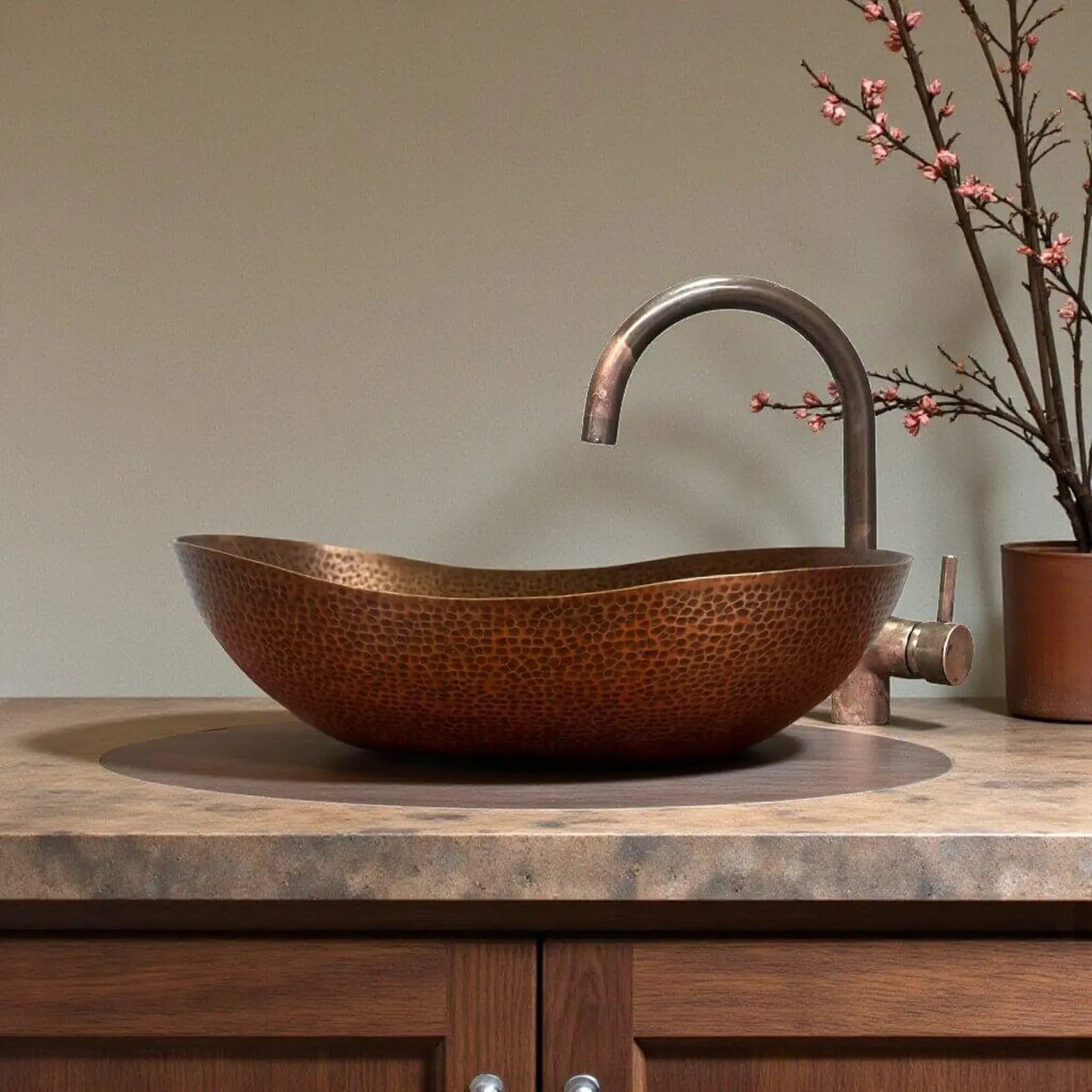Antique Rustic Oval Copper Basin - 5 Pcs Set