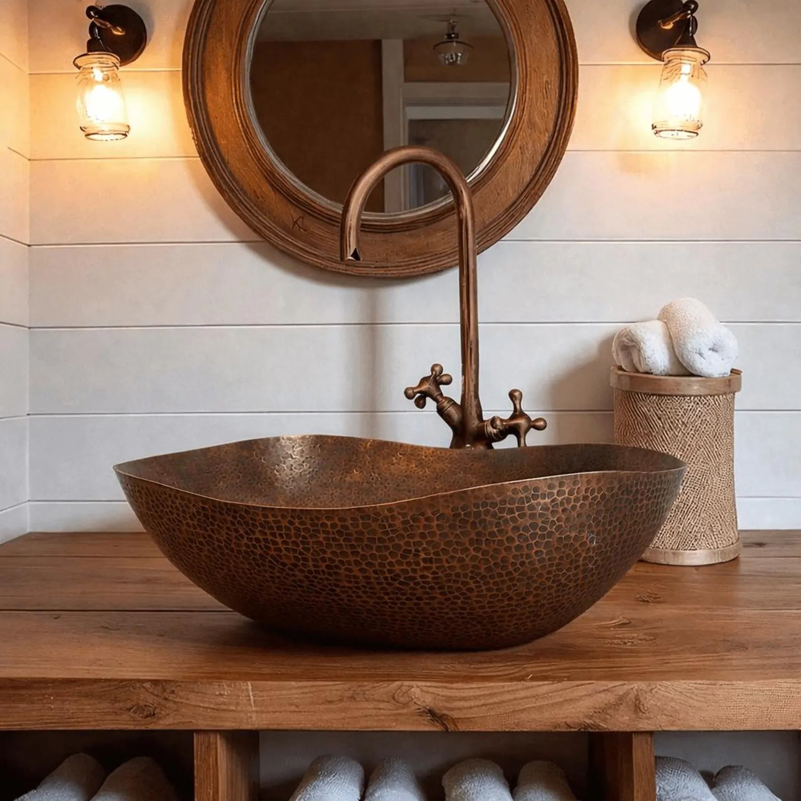 Antique Rustic Oval Copper Basin - 5 Pcs Set