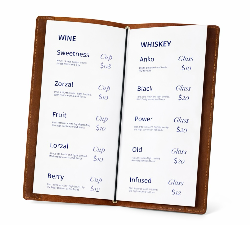Wine List Folder Premium PU Leather Menu Cover for Bar and Cafe, Restaurant Menu Covers, Juice and Beverage Folder String fitting